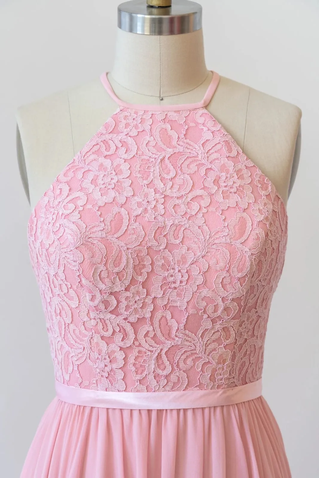 Halter Sleeveless Lace Chiffon Cut-out Long Pink Bridesmaid Dress