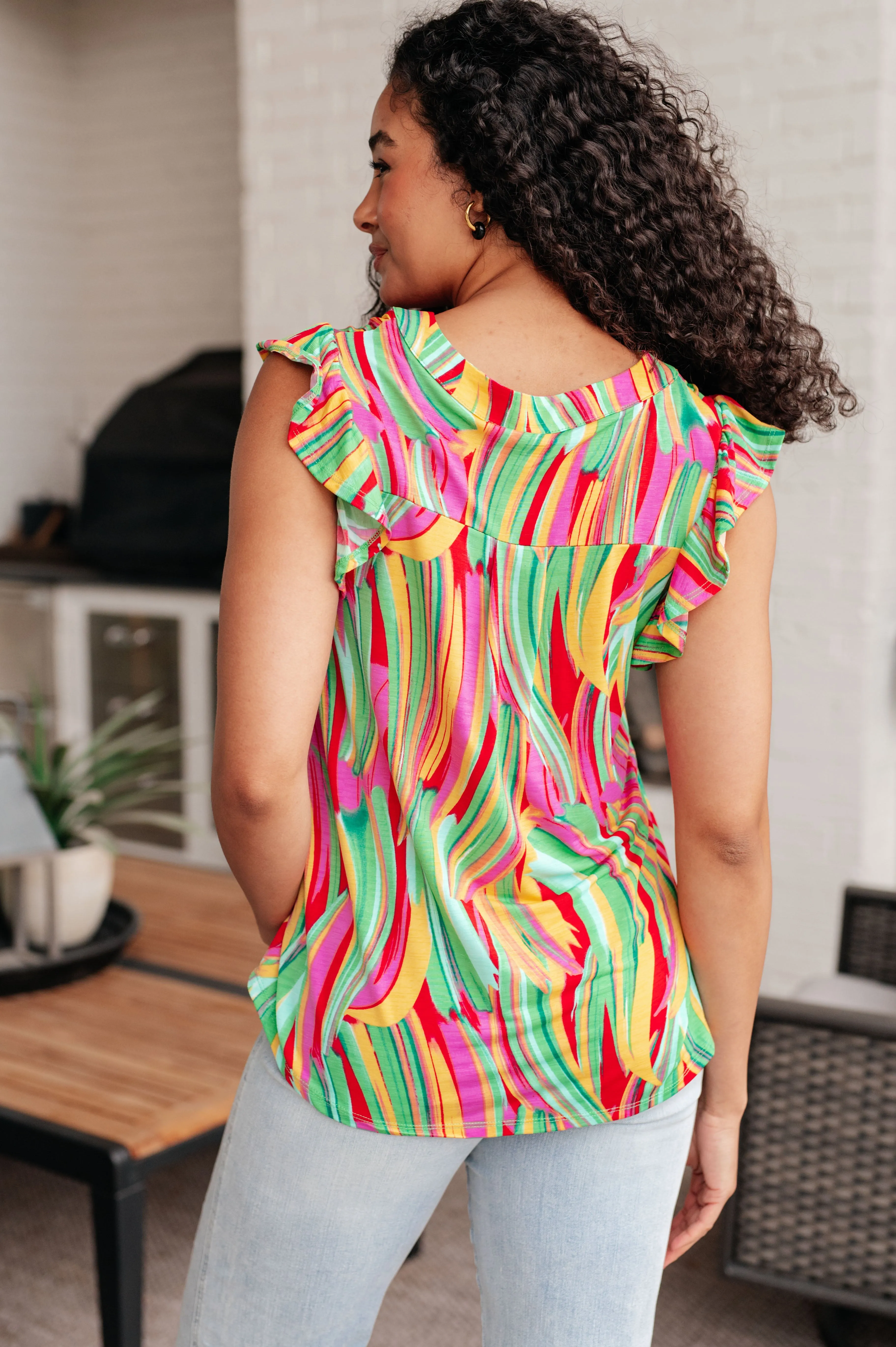 Hazel Blues® |  Lizzy Flutter Sleeve Top in Green Multi Abstract Stripe
