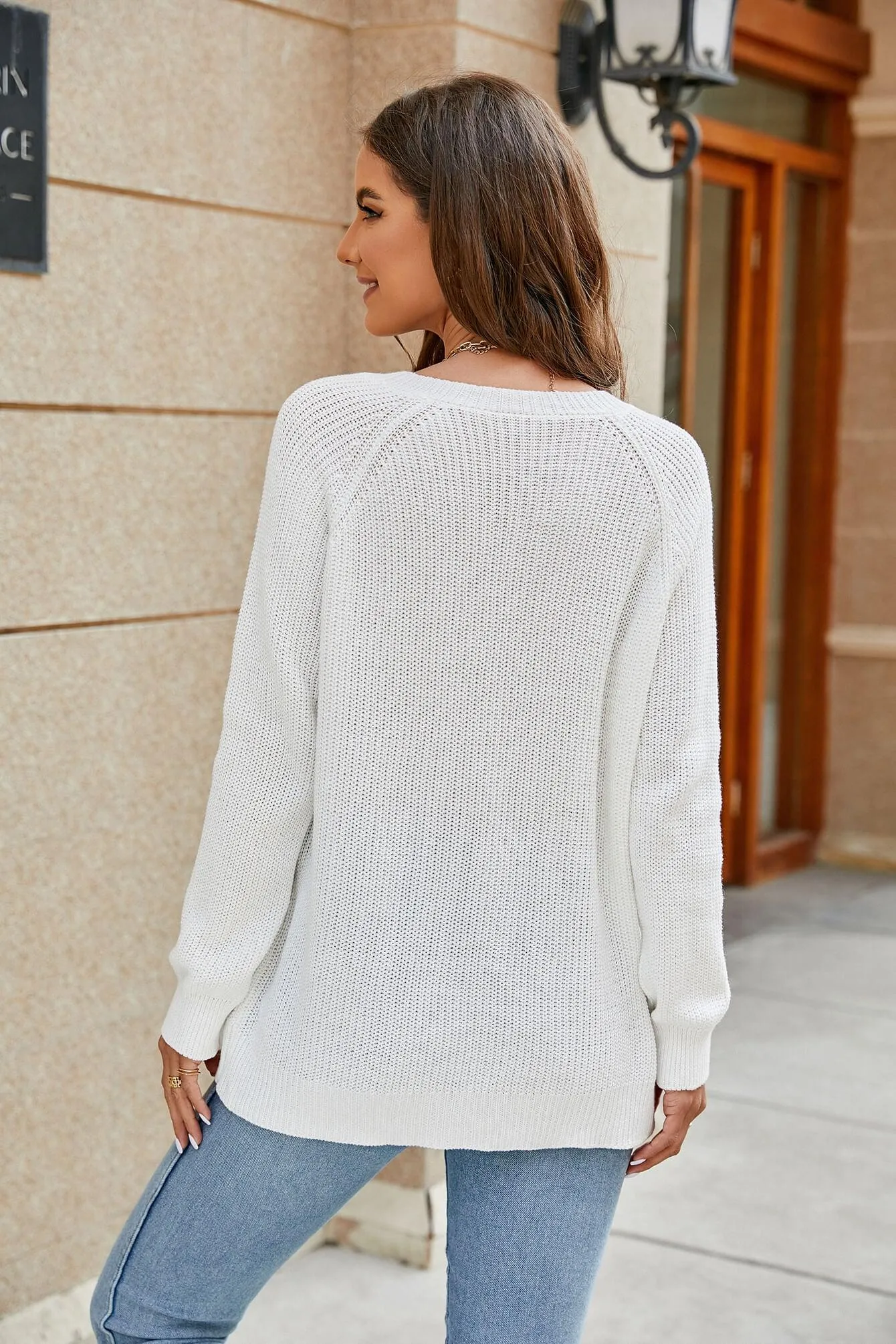 Hazel Blues® | Raglan Sleeve Ribbed Trim Plunge Knit Top
