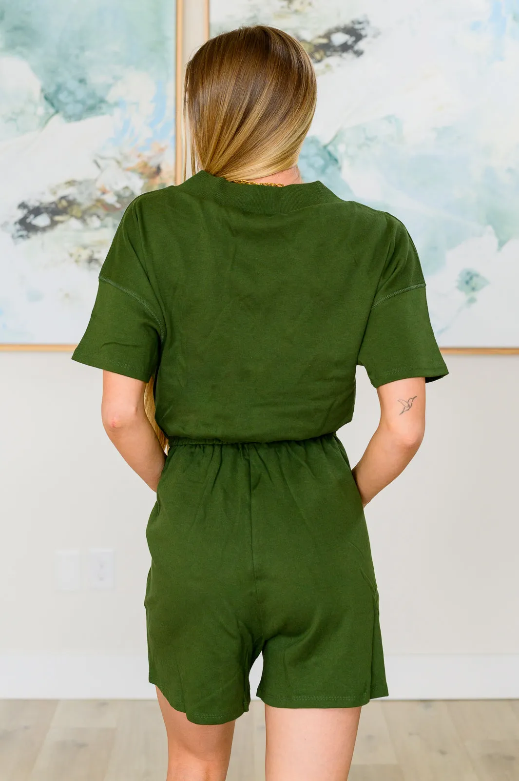 Hazel Blues® |  Short Sleeve V-Neck Romper in Army Green