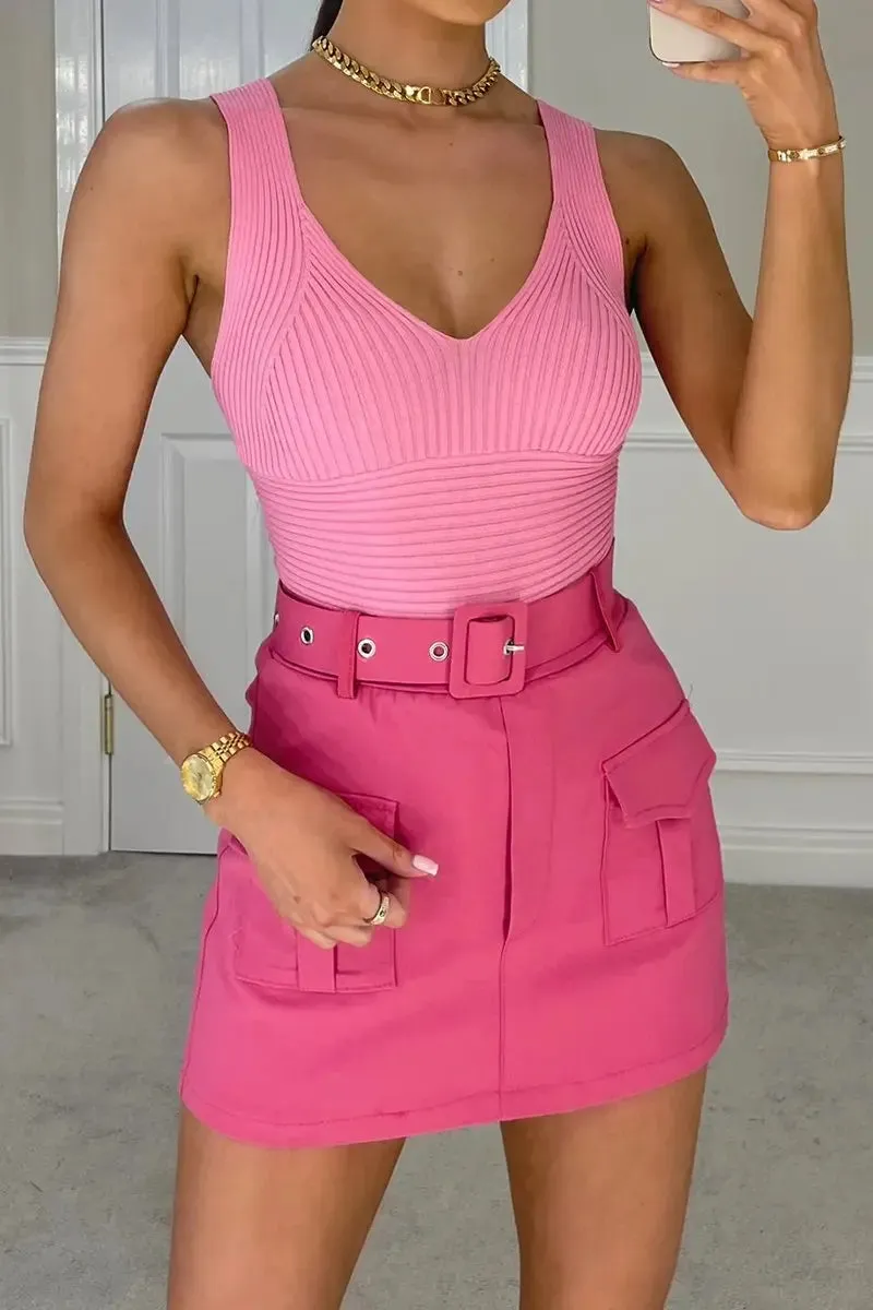 High Waist Pockets Belt Decor Skort