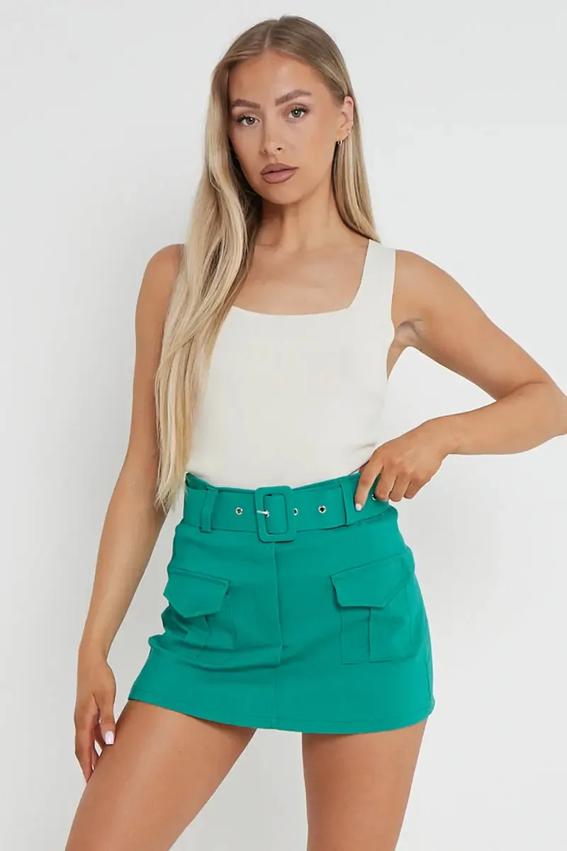 High Waist Pockets Belt Decor Skort