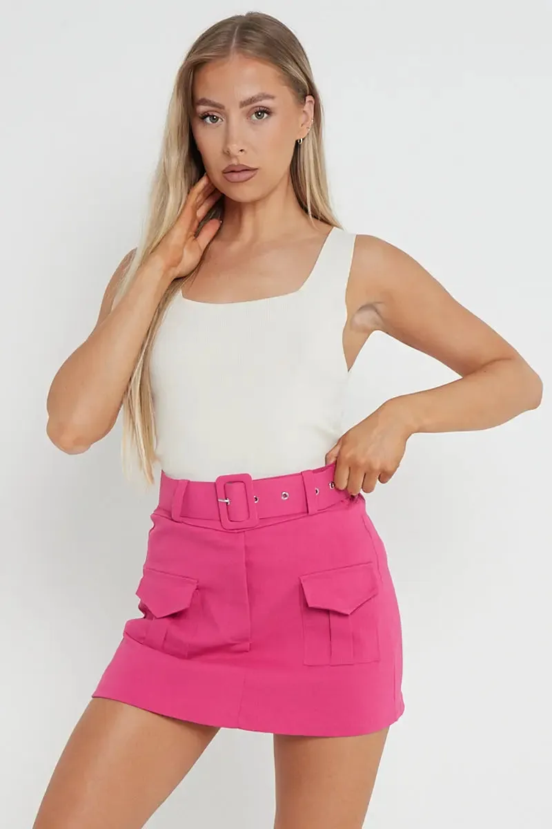 High Waist Pockets Belt Decor Skort
