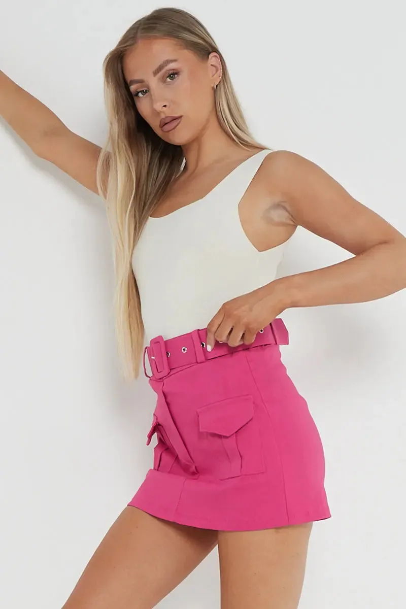 High Waist Pockets Belt Decor Skort