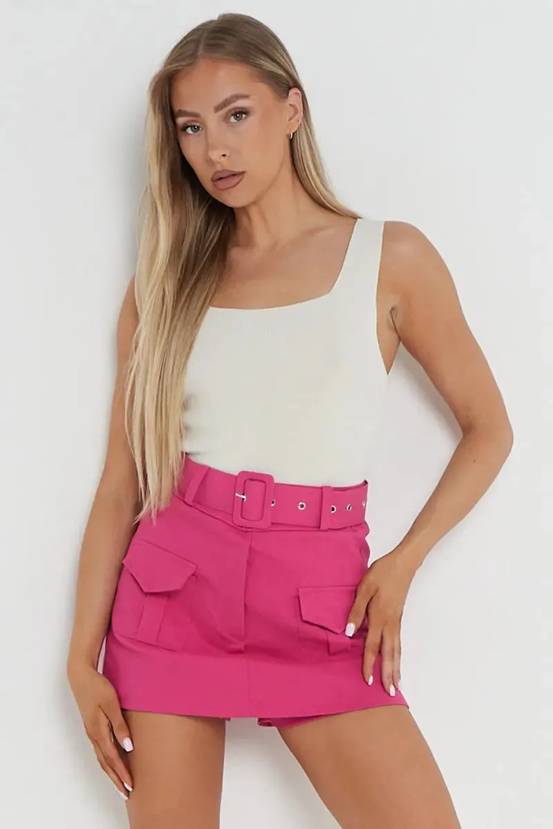 High Waist Pockets Belt Decor Skort