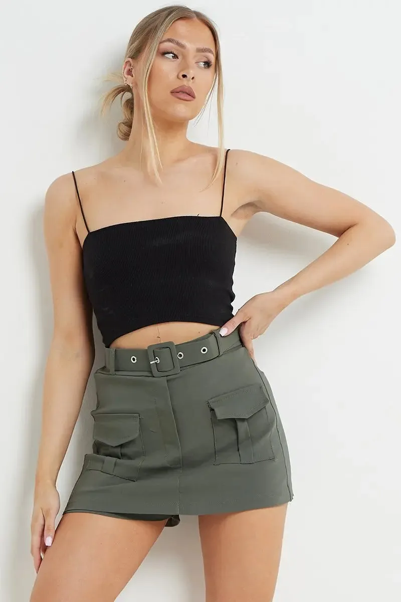 High Waist Pockets Belt Decor Skort