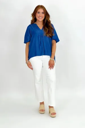 Indigo V-Neck Balloon Sleeve Top