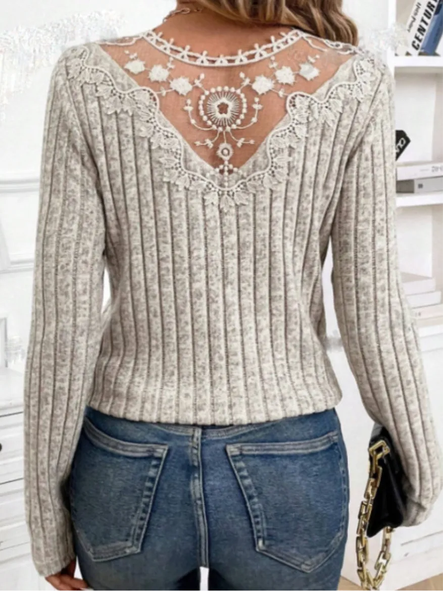Joanna Lace Detail V-Neck Long Sleeve T-Shirt