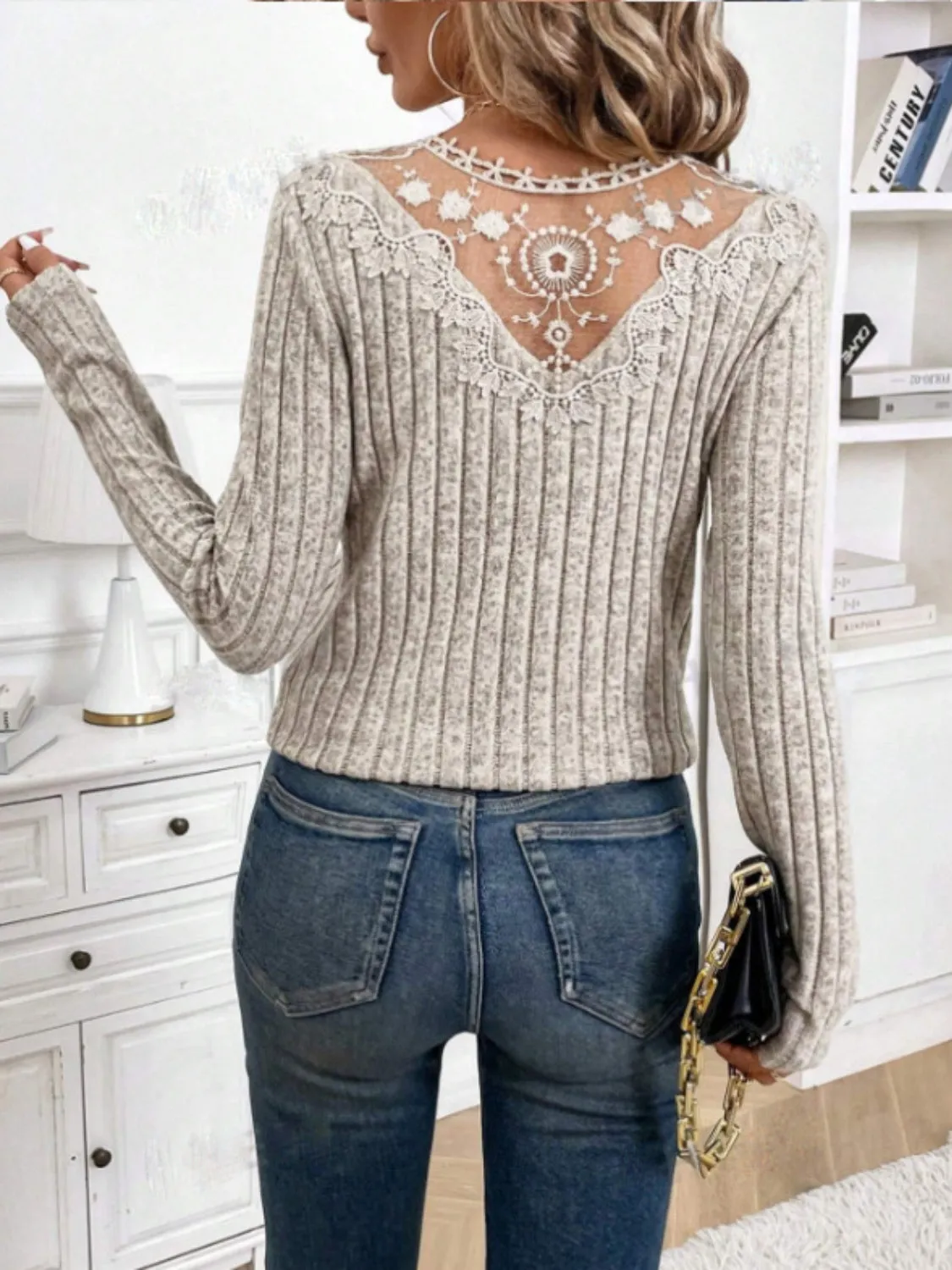 Joanna Lace Detail V-Neck Long Sleeve T-Shirt