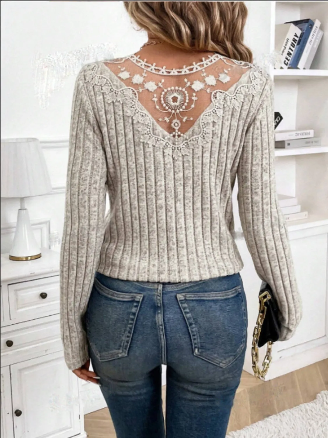 Joanna Lace Detail V-Neck Long Sleeve T-Shirt