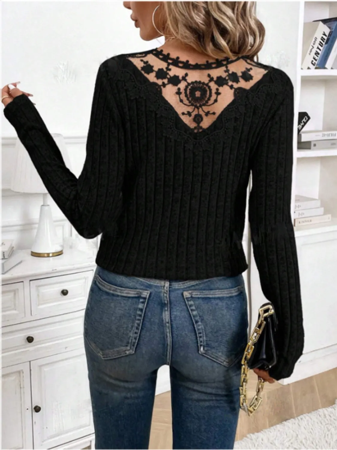 Joanna Lace Detail V-Neck Long Sleeve T-Shirt