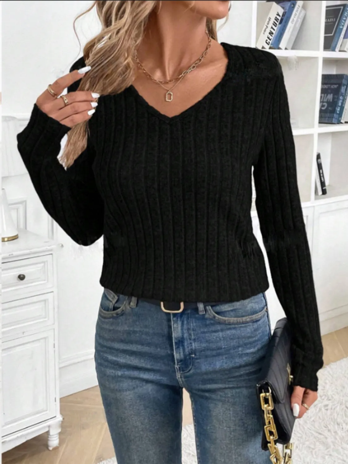 Joanna Lace Detail V-Neck Long Sleeve T-Shirt