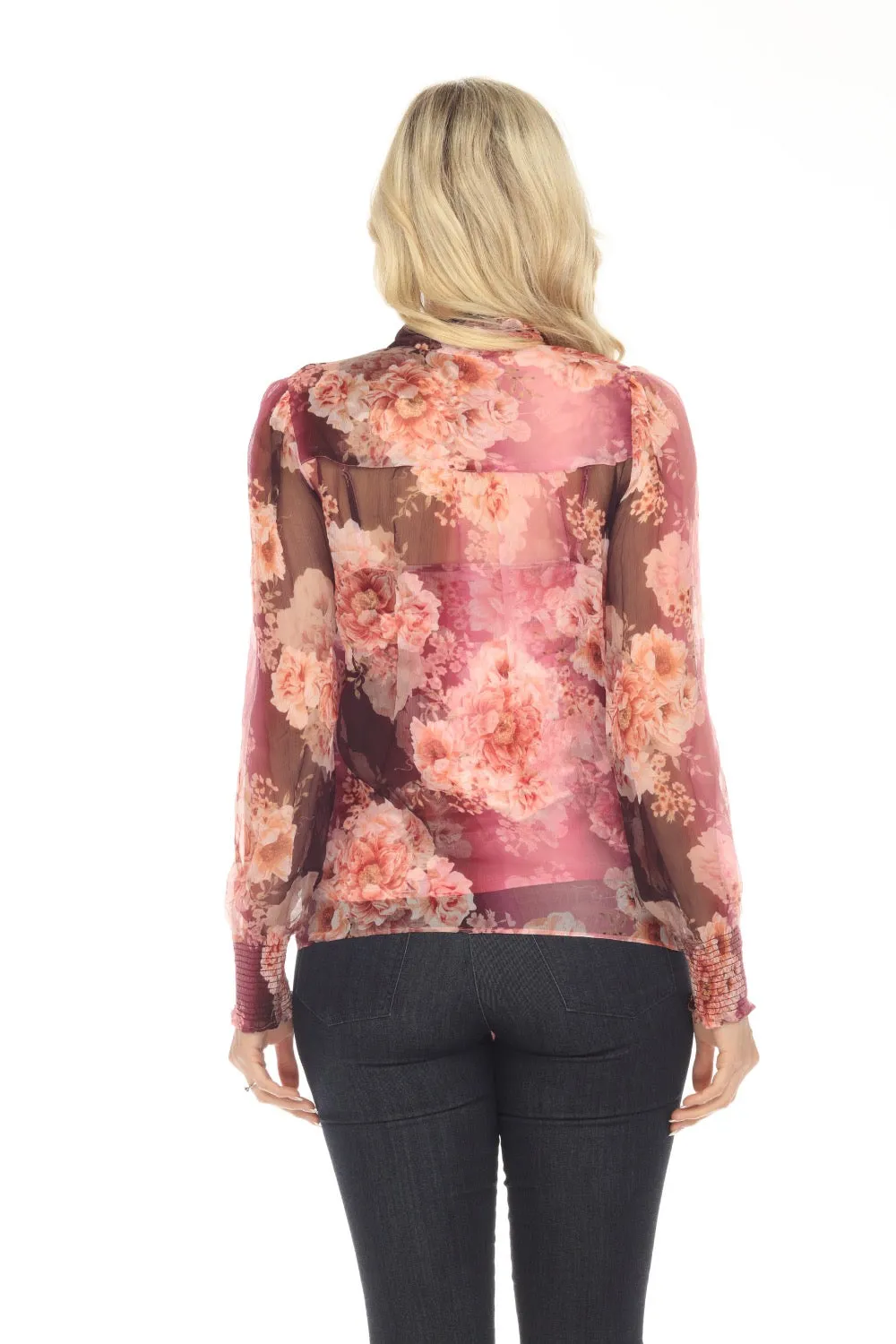 Johnny Was Carina Silk Floral Pussy Bow Long Sleeve Blouse Boho Chic R18823