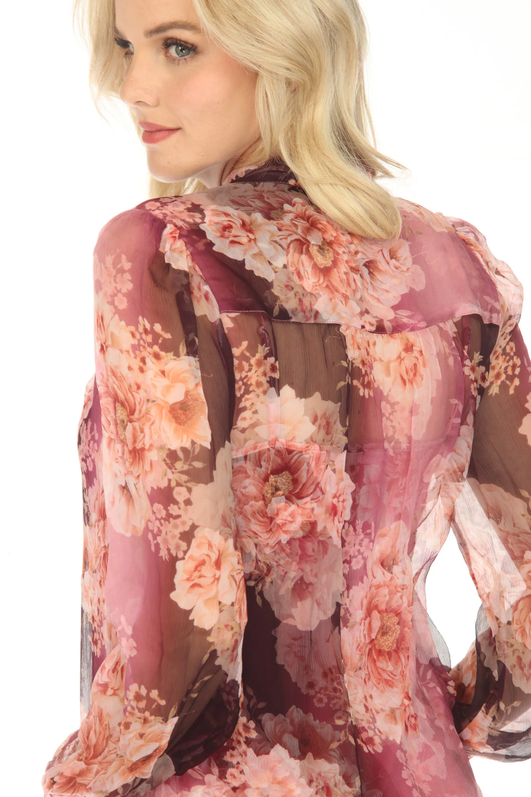 Johnny Was Carina Silk Floral Pussy Bow Long Sleeve Blouse Boho Chic R18823