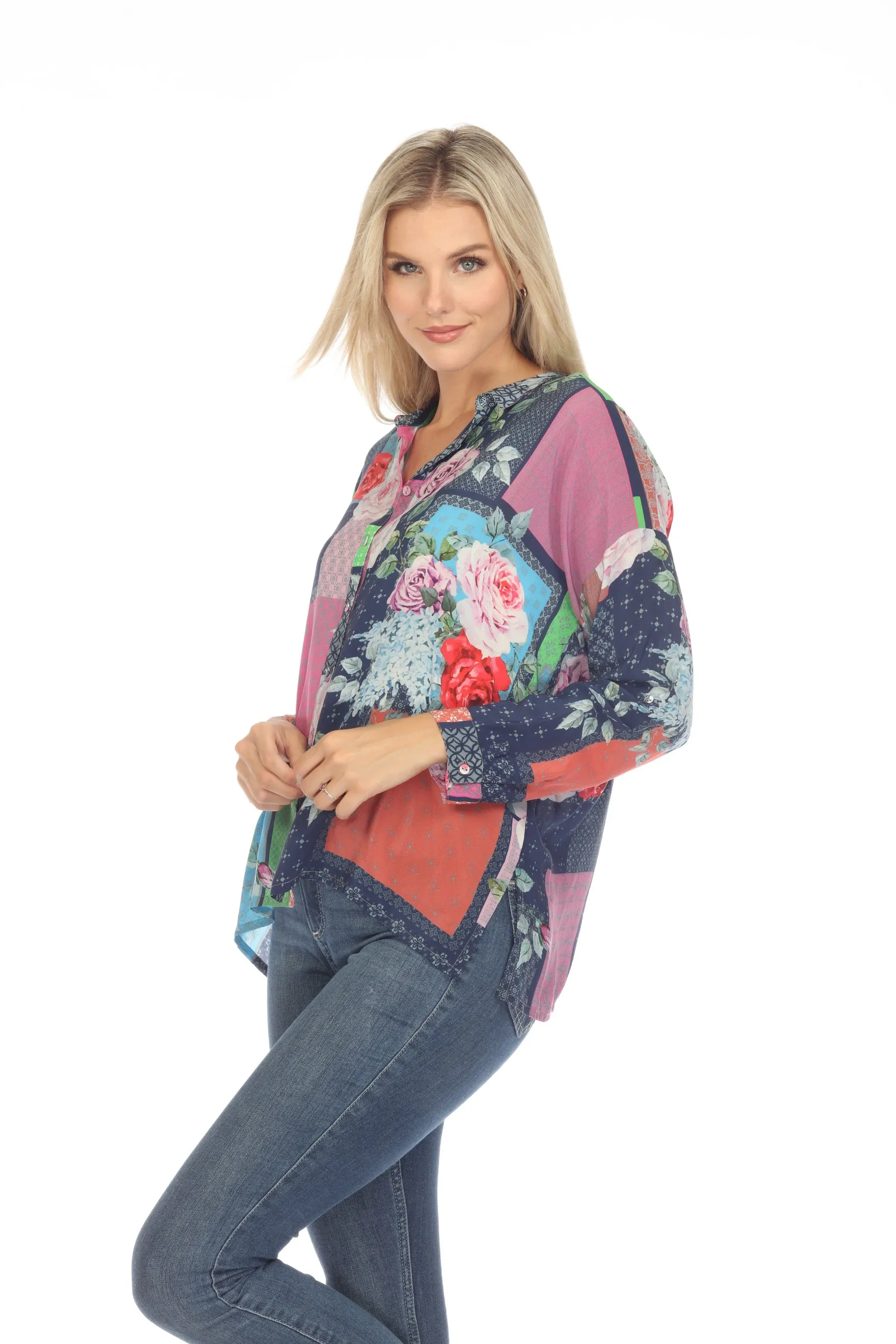 Johnny Was Rose Seline Silk Floral Button Down Top Boho Chic C10823A3