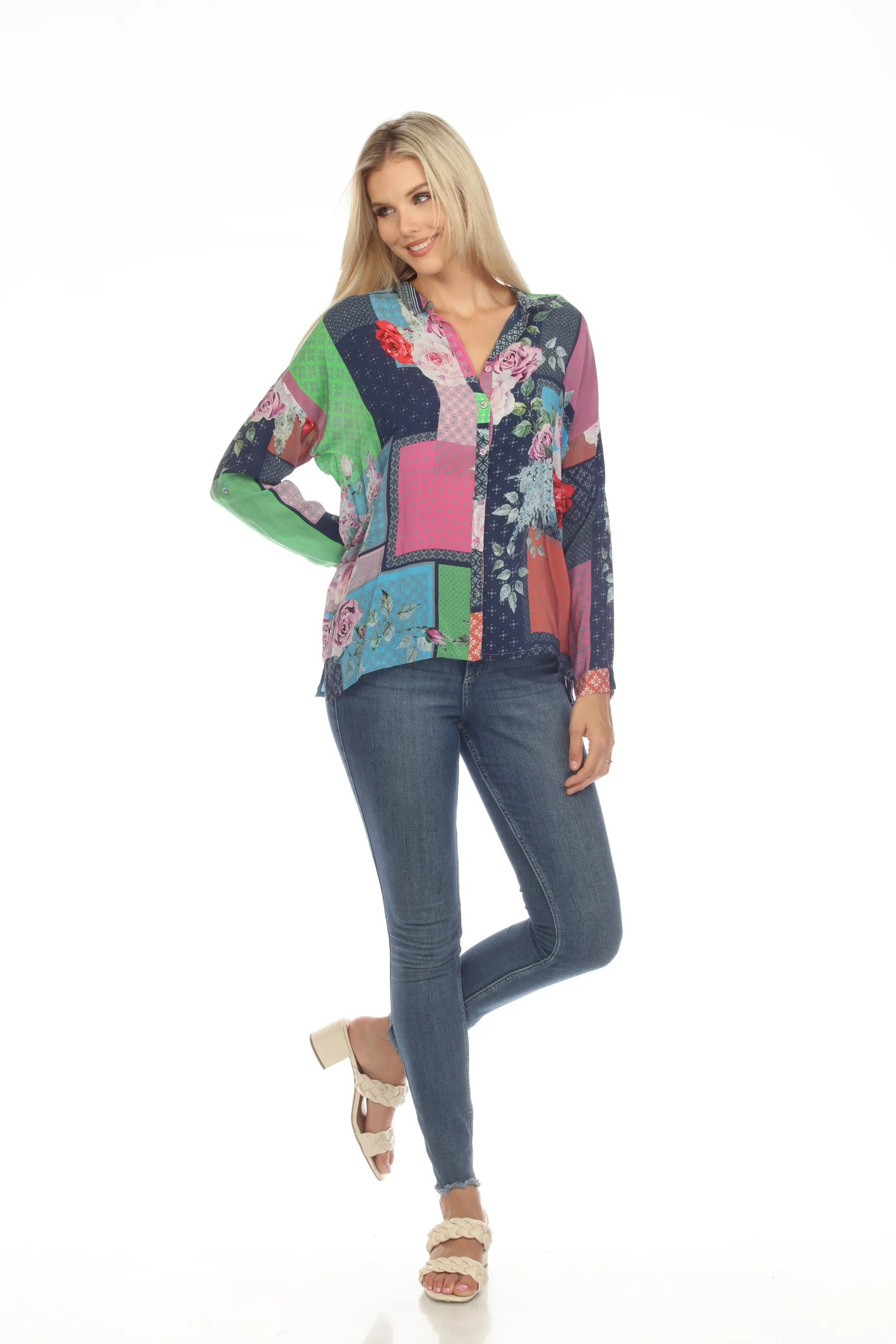 Johnny Was Rose Seline Silk Floral Button Down Top Boho Chic C10823A3