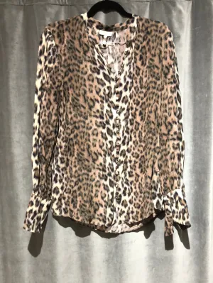 Joie Leopard Print Collarless Silk Covered Button Down Blouse