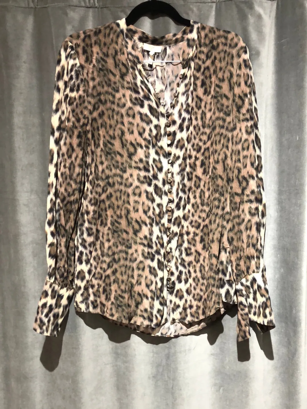 Joie Leopard Print Collarless Silk Covered Button Down Blouse