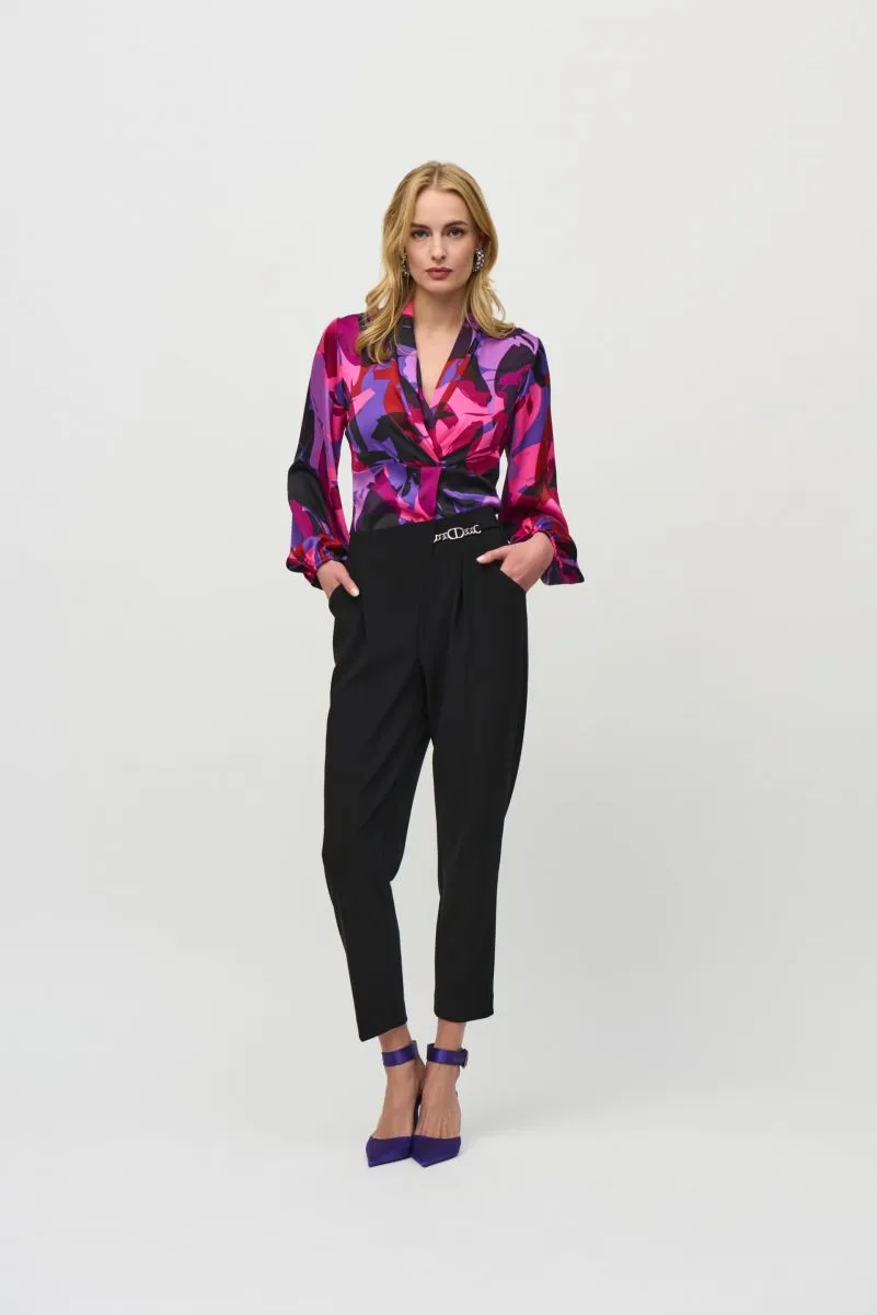 Joseph Ribkoff Black/Multi Abstract Print Faux Wrap Satin Top 244078