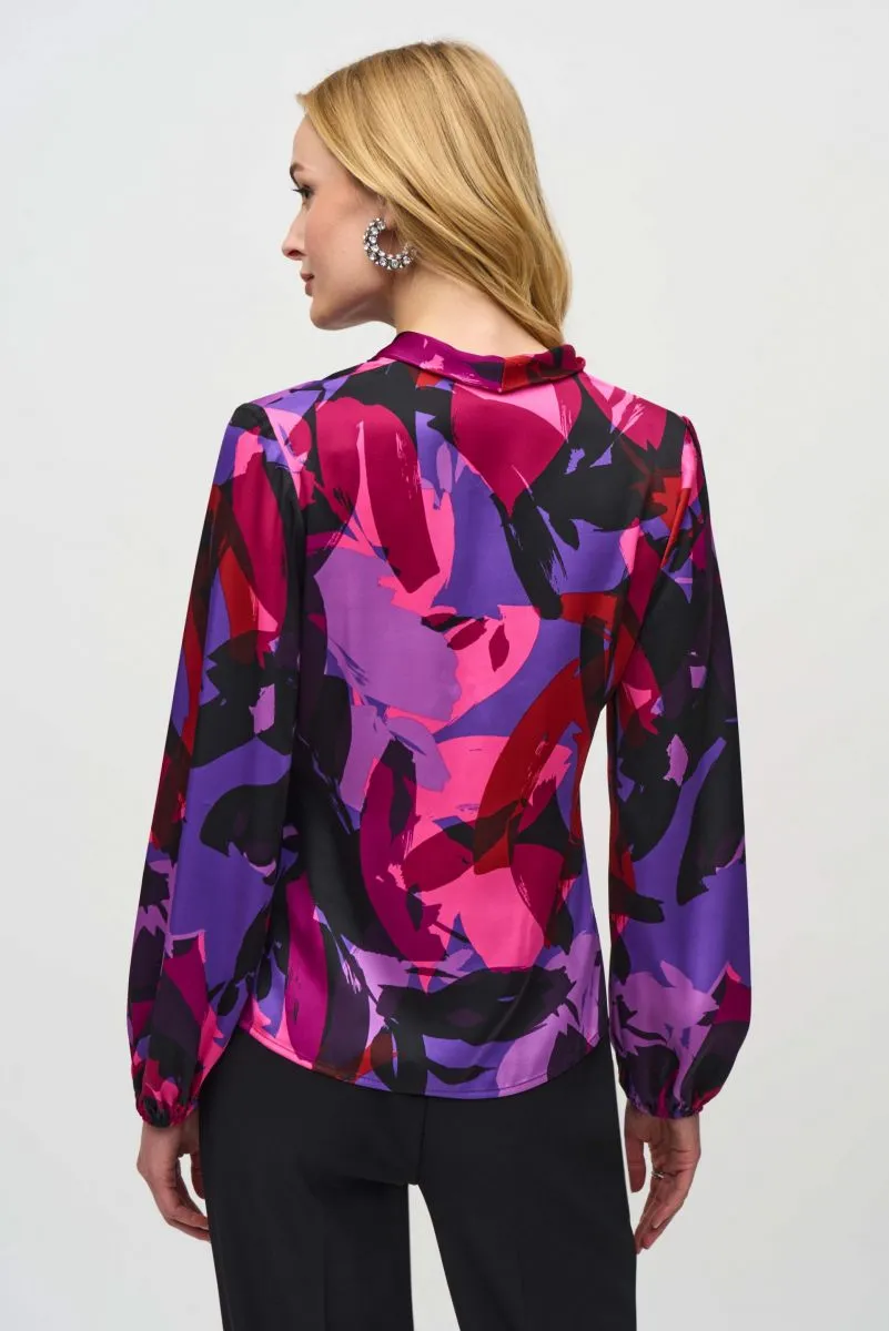 Joseph Ribkoff Black/Multi Abstract Print Faux Wrap Satin Top 244078
