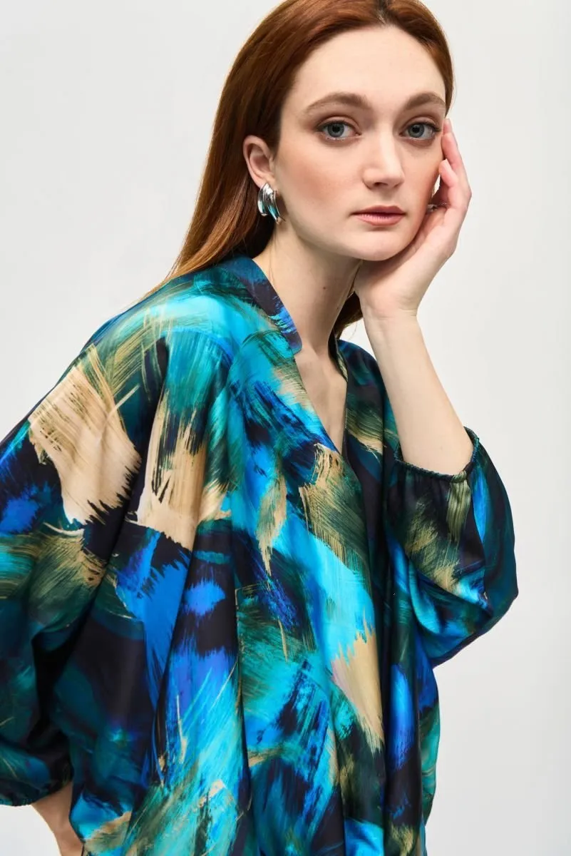 Joseph Ribkoff Black/Multi Brushstroke Print Tie Front Satin Top 243102