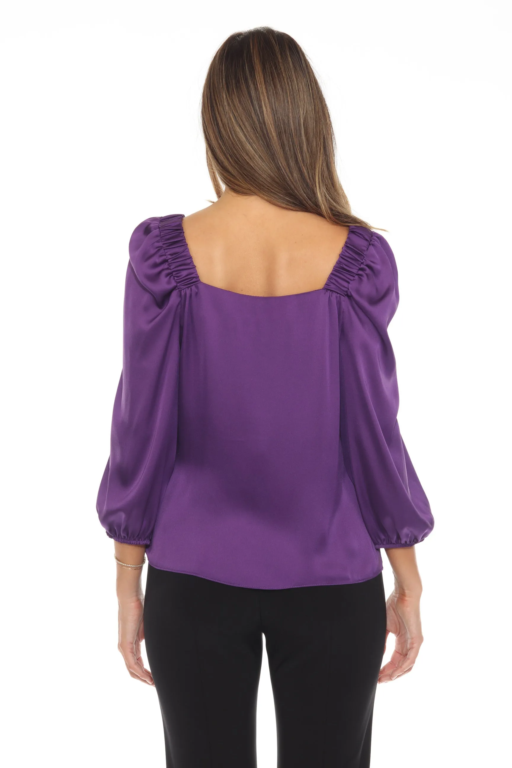 Joseph Ribkoff Mystic Purple Sweetheart Neck Puff Sleeve Satin Top 243052