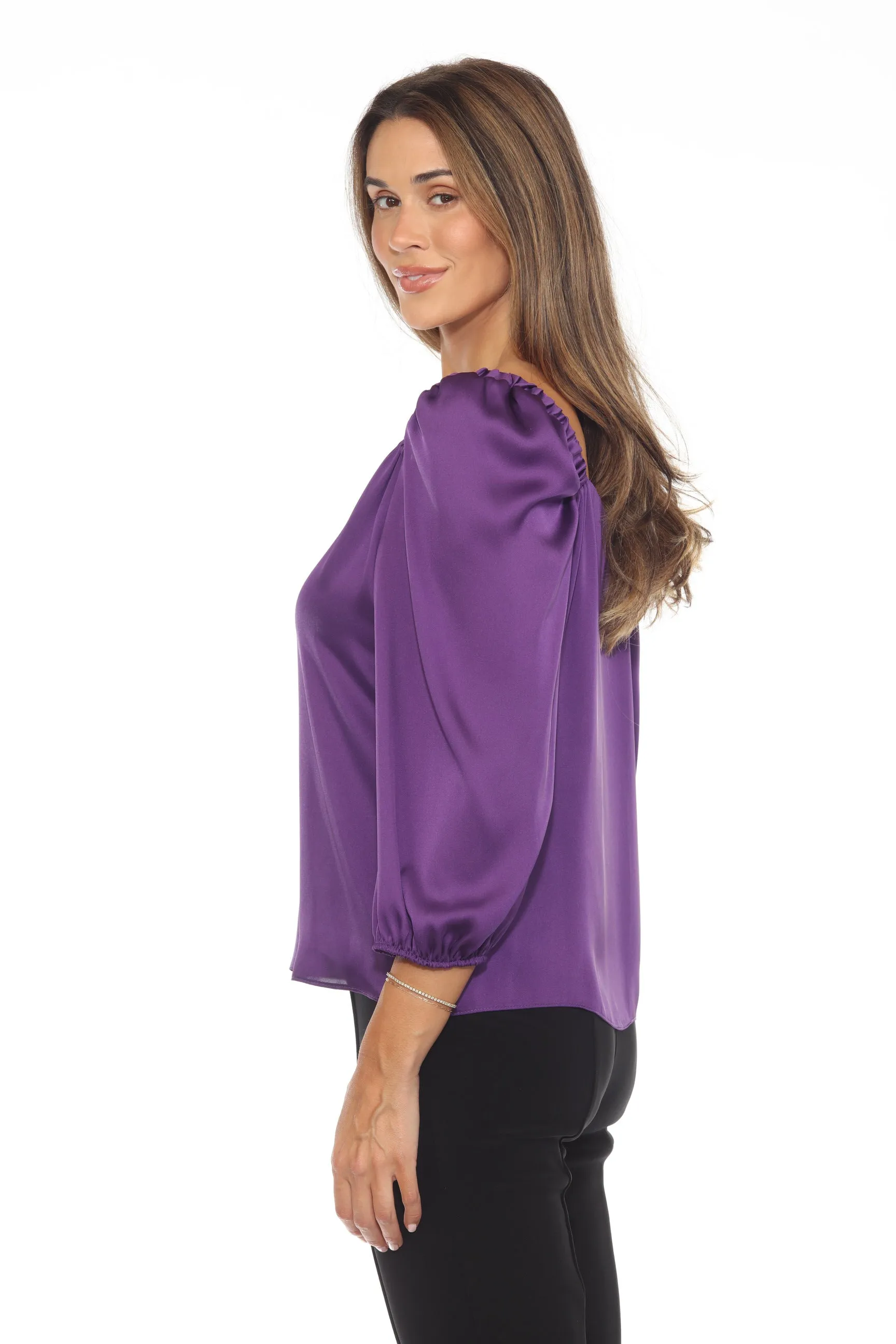 Joseph Ribkoff Mystic Purple Sweetheart Neck Puff Sleeve Satin Top 243052