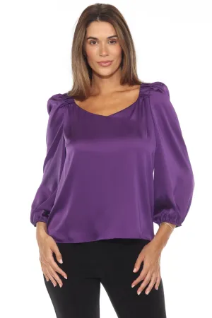 Joseph Ribkoff Mystic Purple Sweetheart Neck Puff Sleeve Satin Top 243052