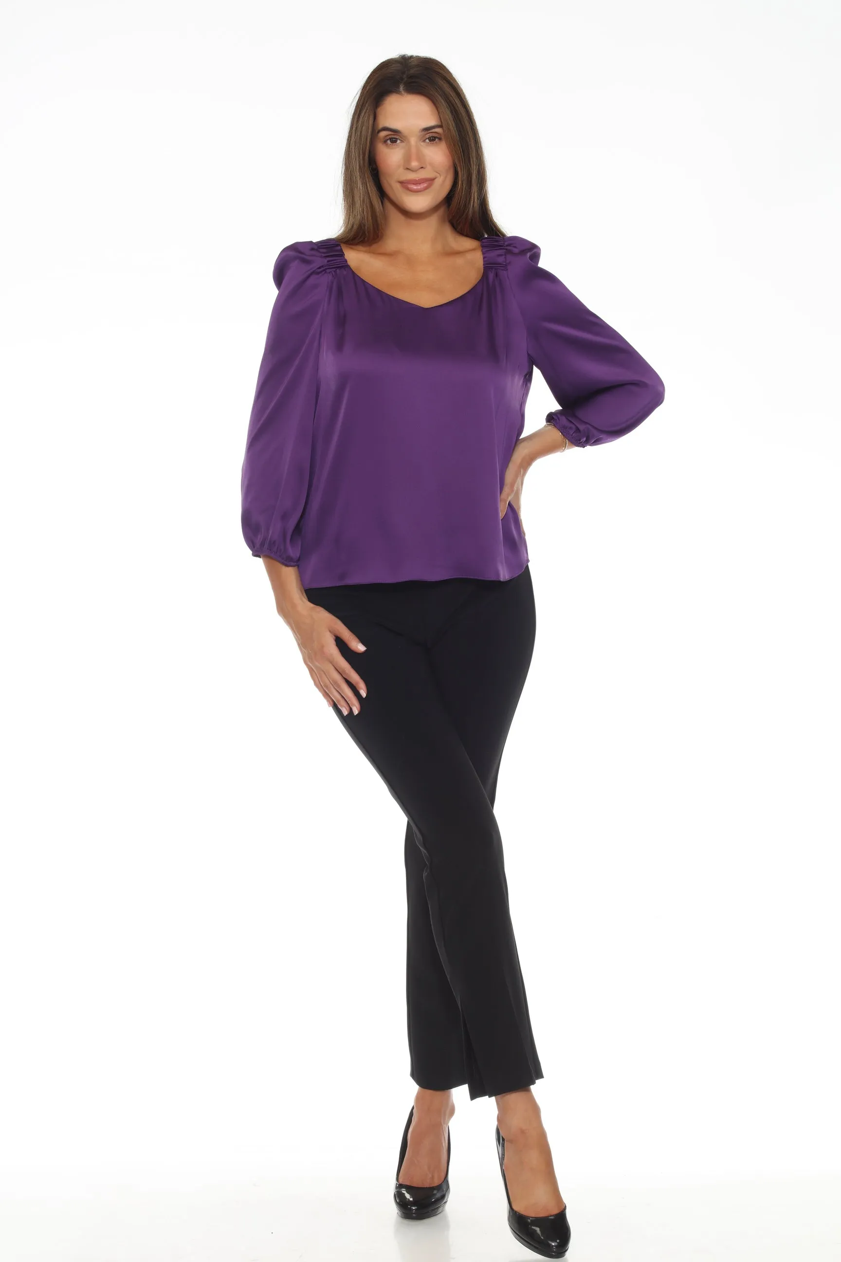 Joseph Ribkoff Mystic Purple Sweetheart Neck Puff Sleeve Satin Top 243052