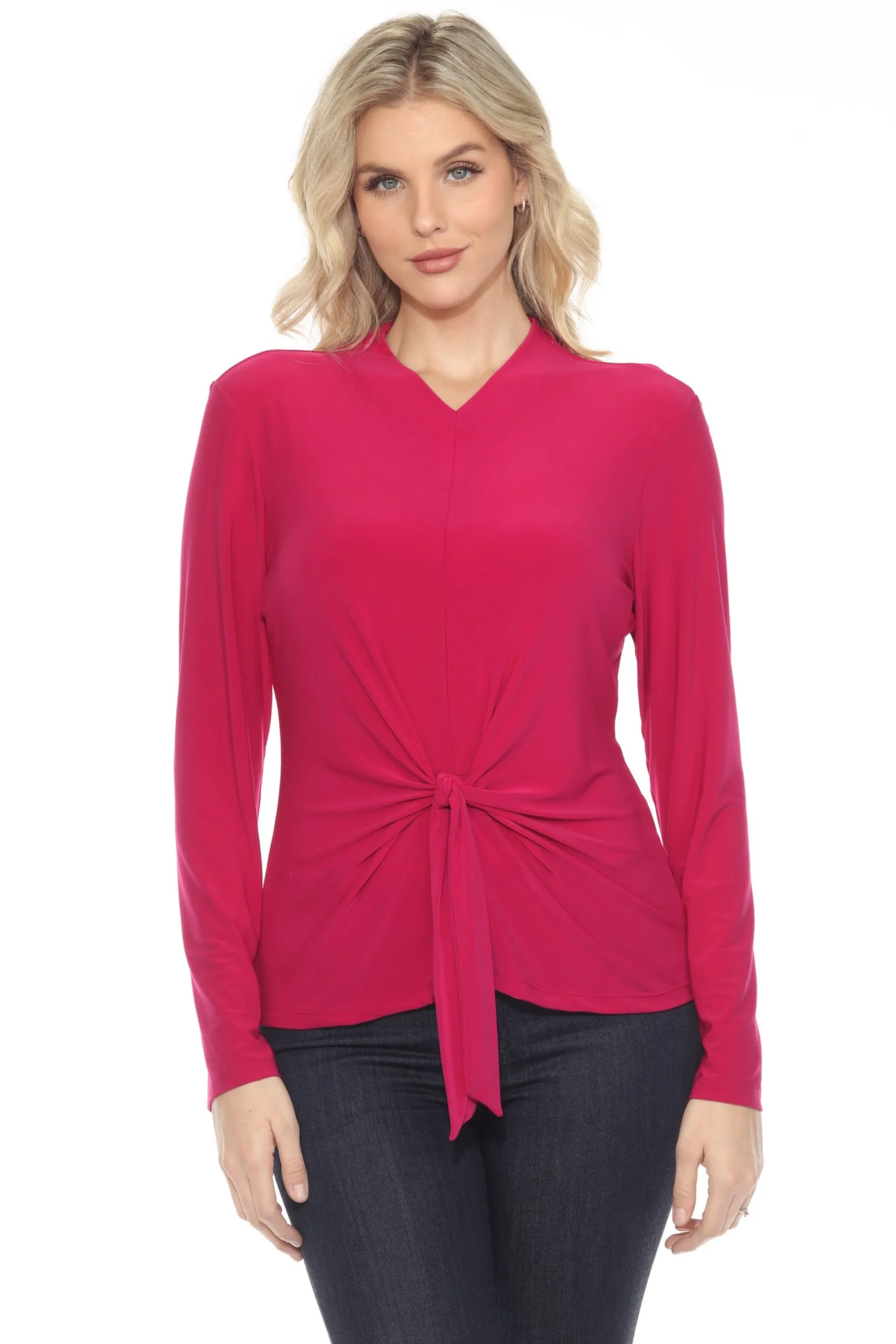 Joseph Ribkoff Rich Berry Knot Front Long Sleeve V-Neck Top 244112