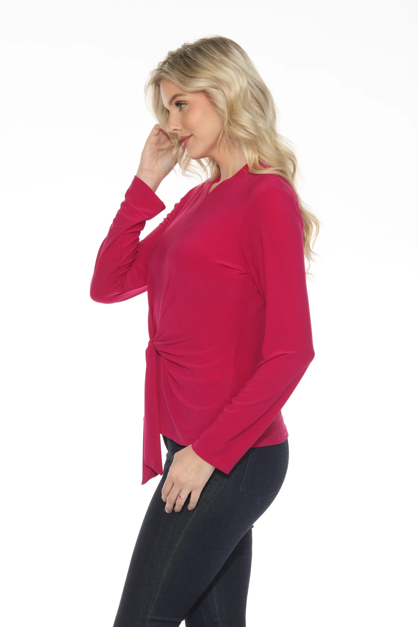 Joseph Ribkoff Rich Berry Knot Front Long Sleeve V-Neck Top 244112
