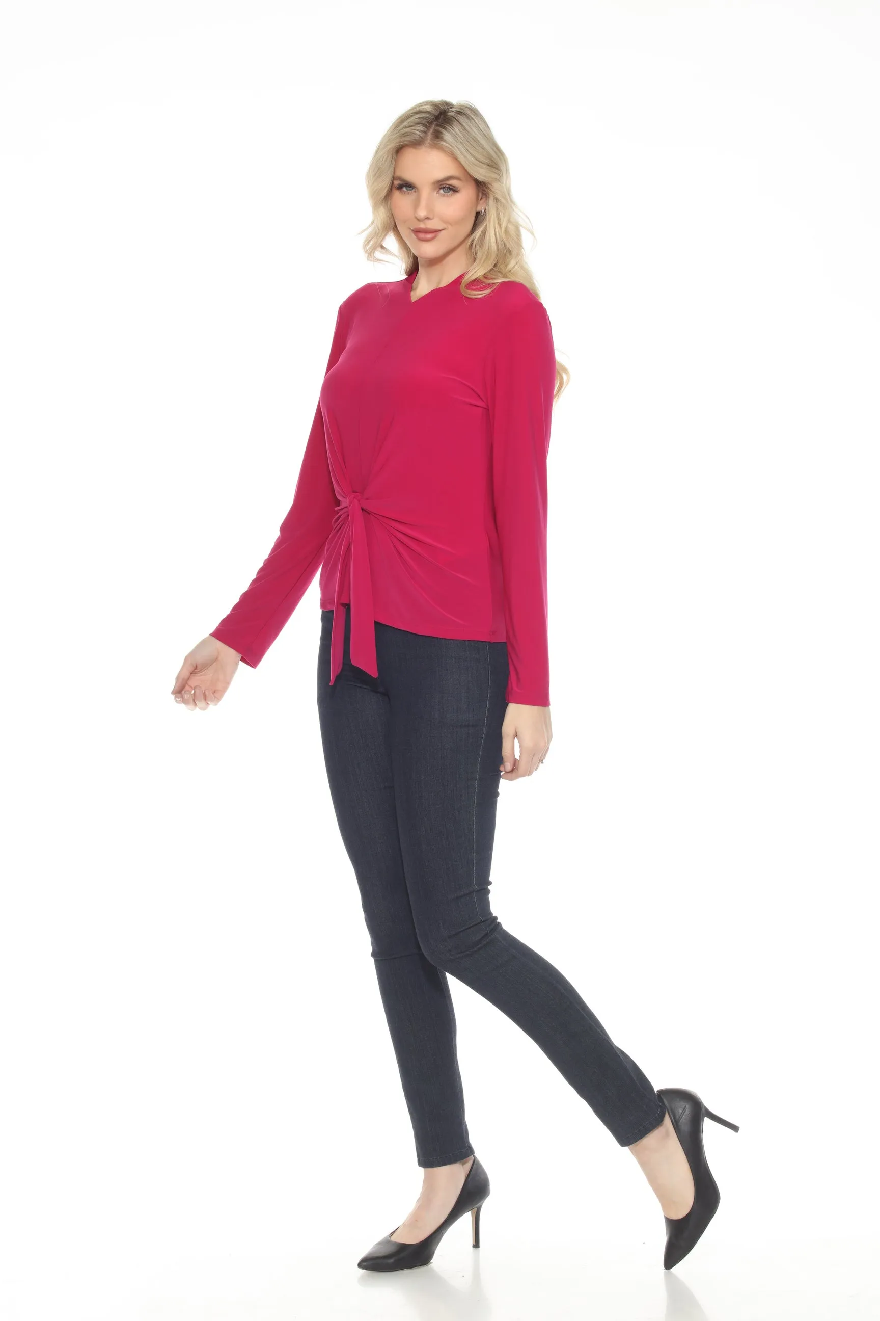 Joseph Ribkoff Rich Berry Knot Front Long Sleeve V-Neck Top 244112