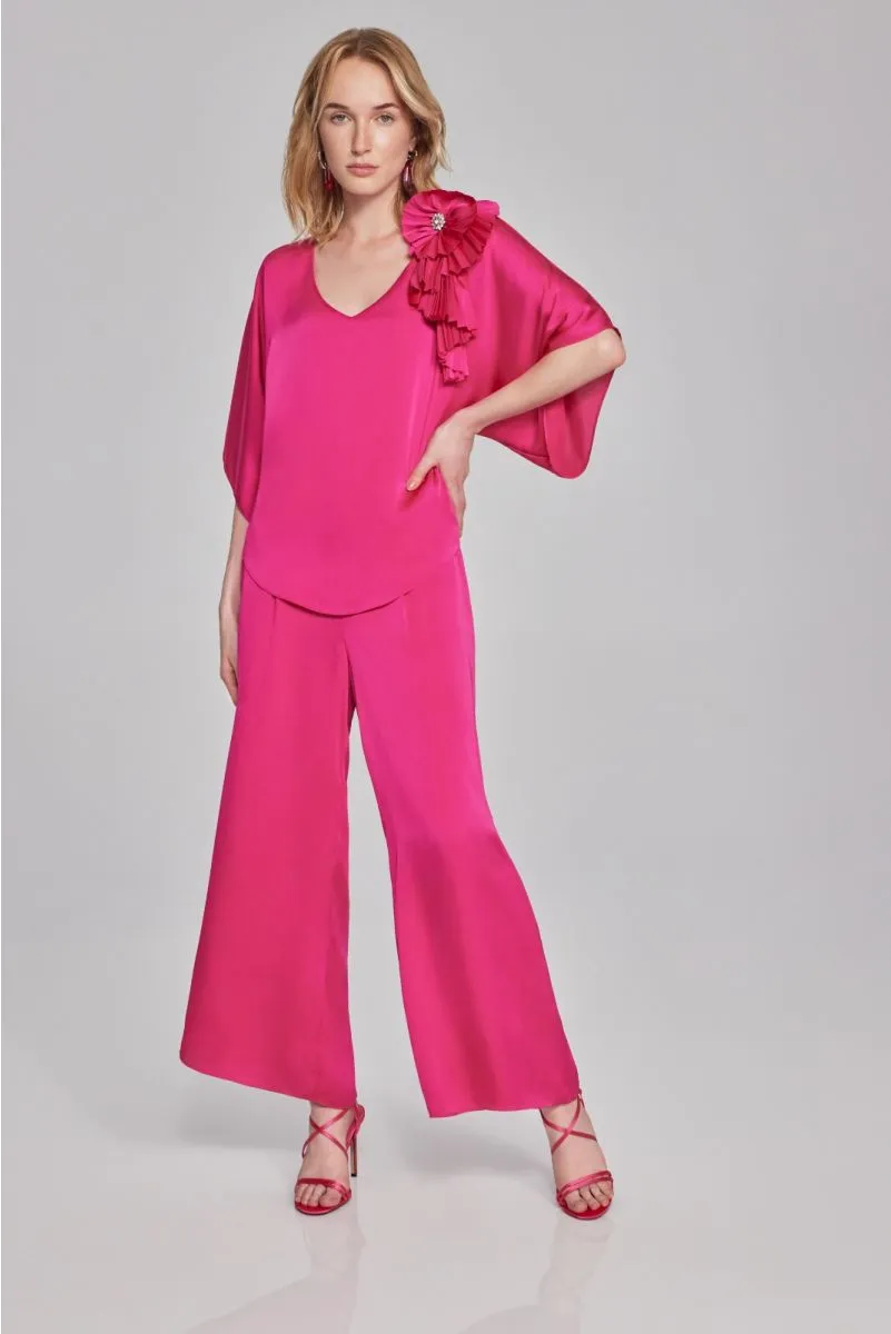 Joseph Ribkoff Shocking Pink Pleated Rosette Detail V-Neck Satin Top 241767
