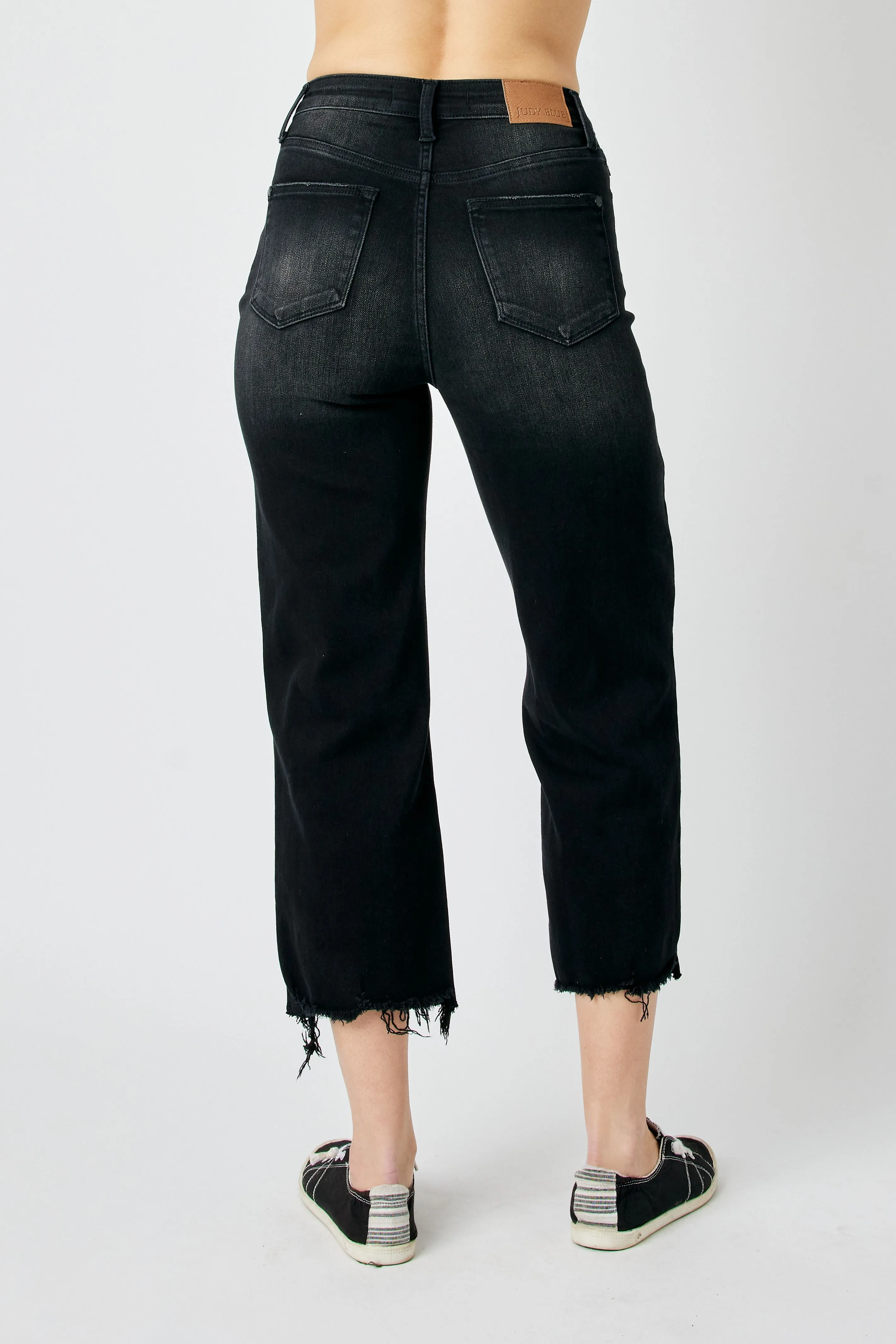 JUDY BLUE BLACK HIGH WAISTED DESTROY RAW HEM CROP WIDE JEANS / STUFFOLOGY BOUTIQUE