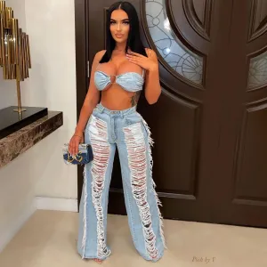Lace Up Ring Bra Top Hollow Out Hole Tassel Jeans