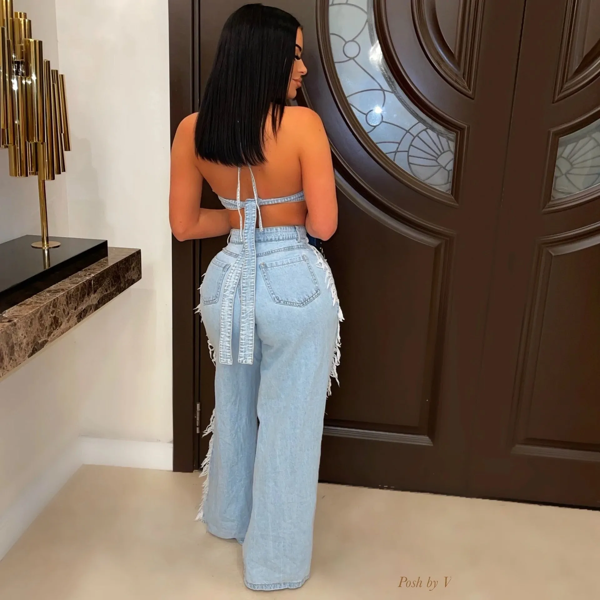 Lace Up Ring Bra Top Hollow Out Hole Tassel Jeans