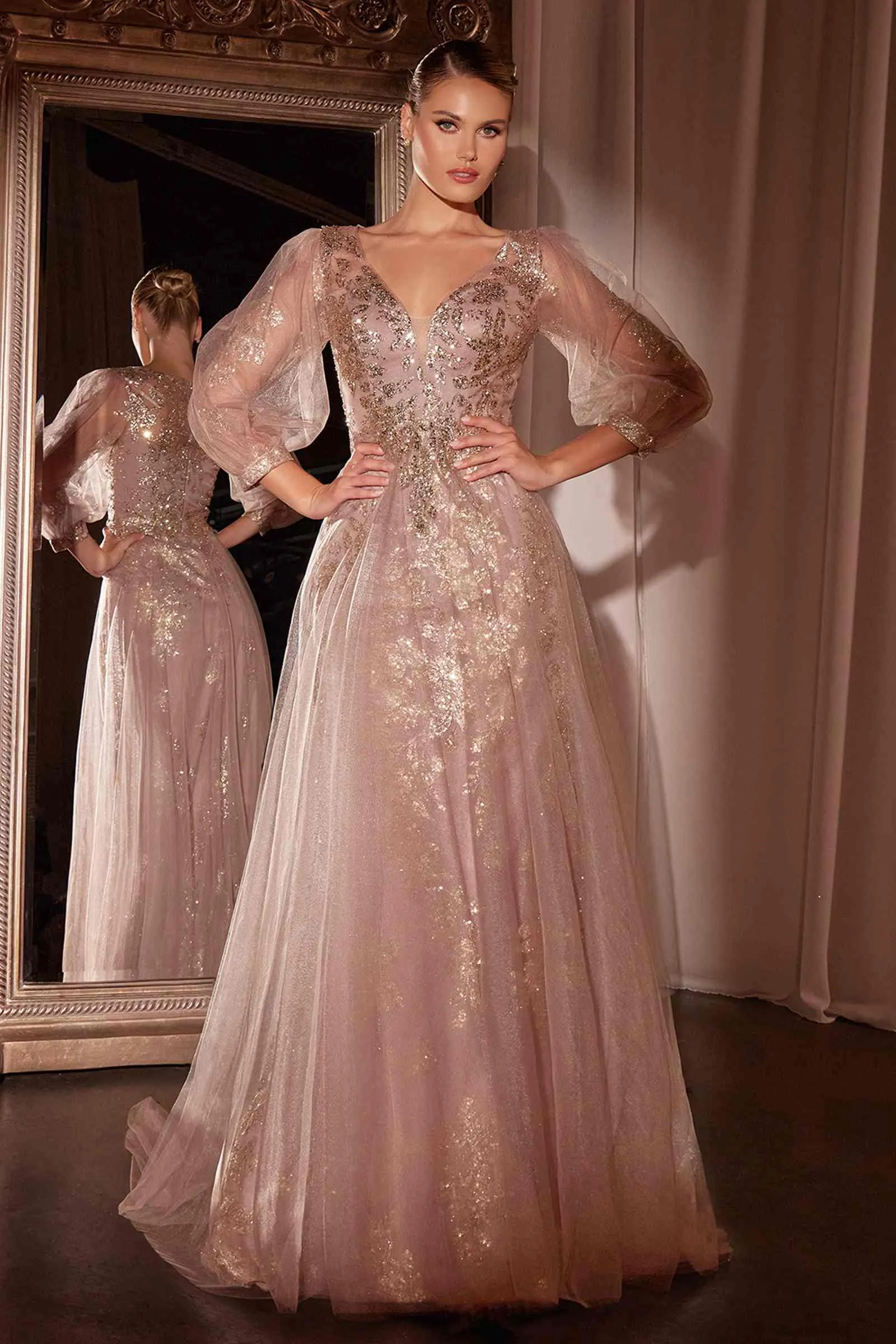 Ladivine CD0102 Dress Long Sleeve Layered Tulle A-Line Gown