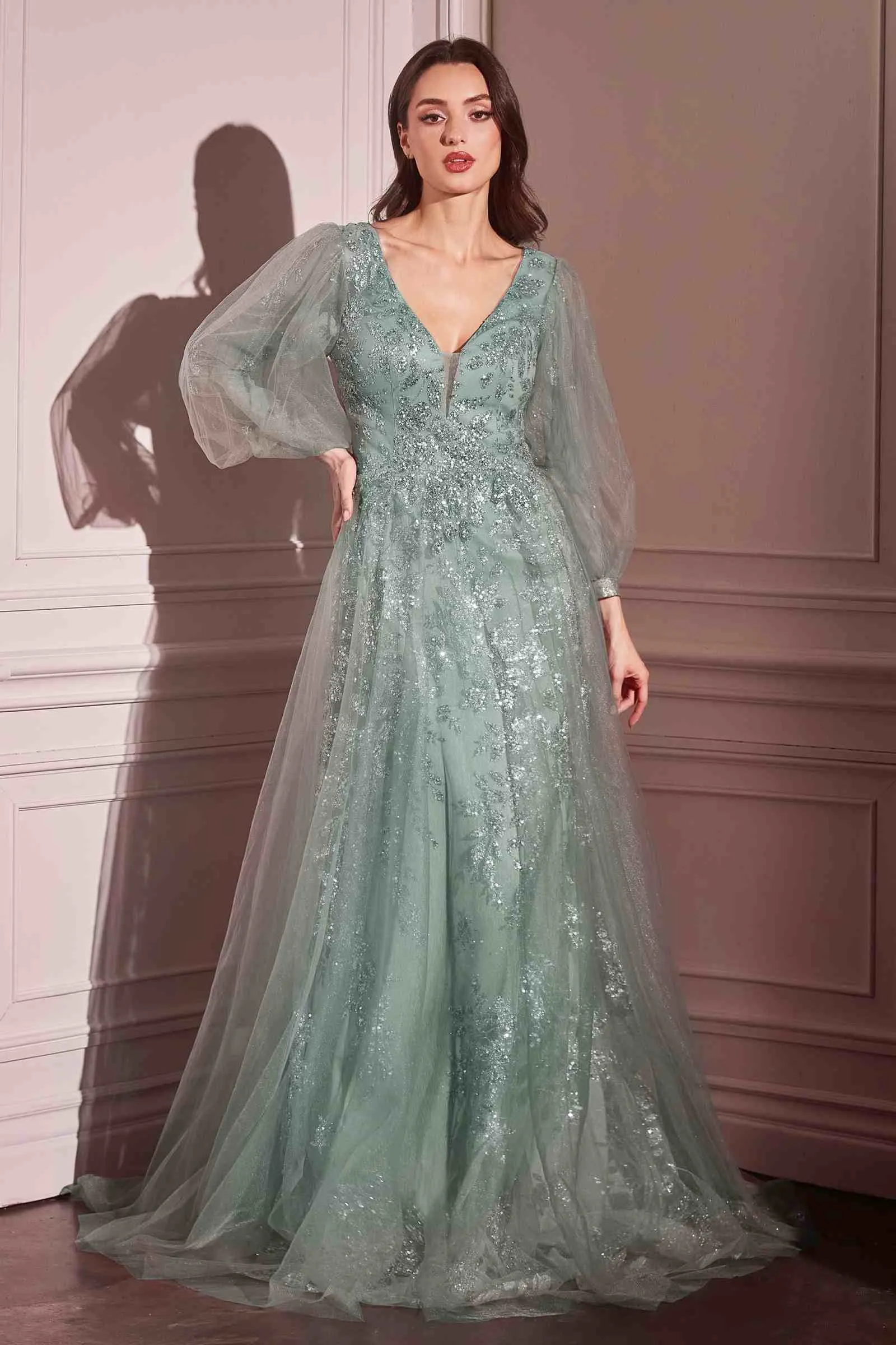Ladivine CD0102 Dress Long Sleeve Layered Tulle A-Line Gown