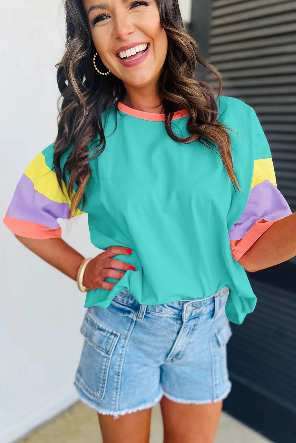 Light Blue Color Block Stitching Sleeve Round Neck Oversize Top