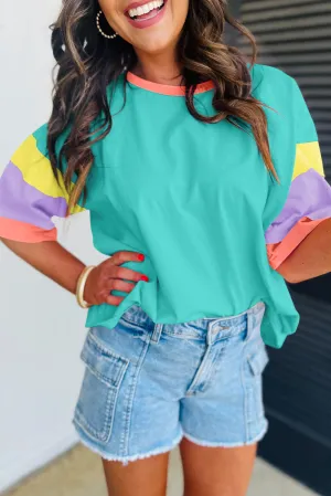 Light Blue Color Block Stitching Sleeve Round Neck Oversize Top