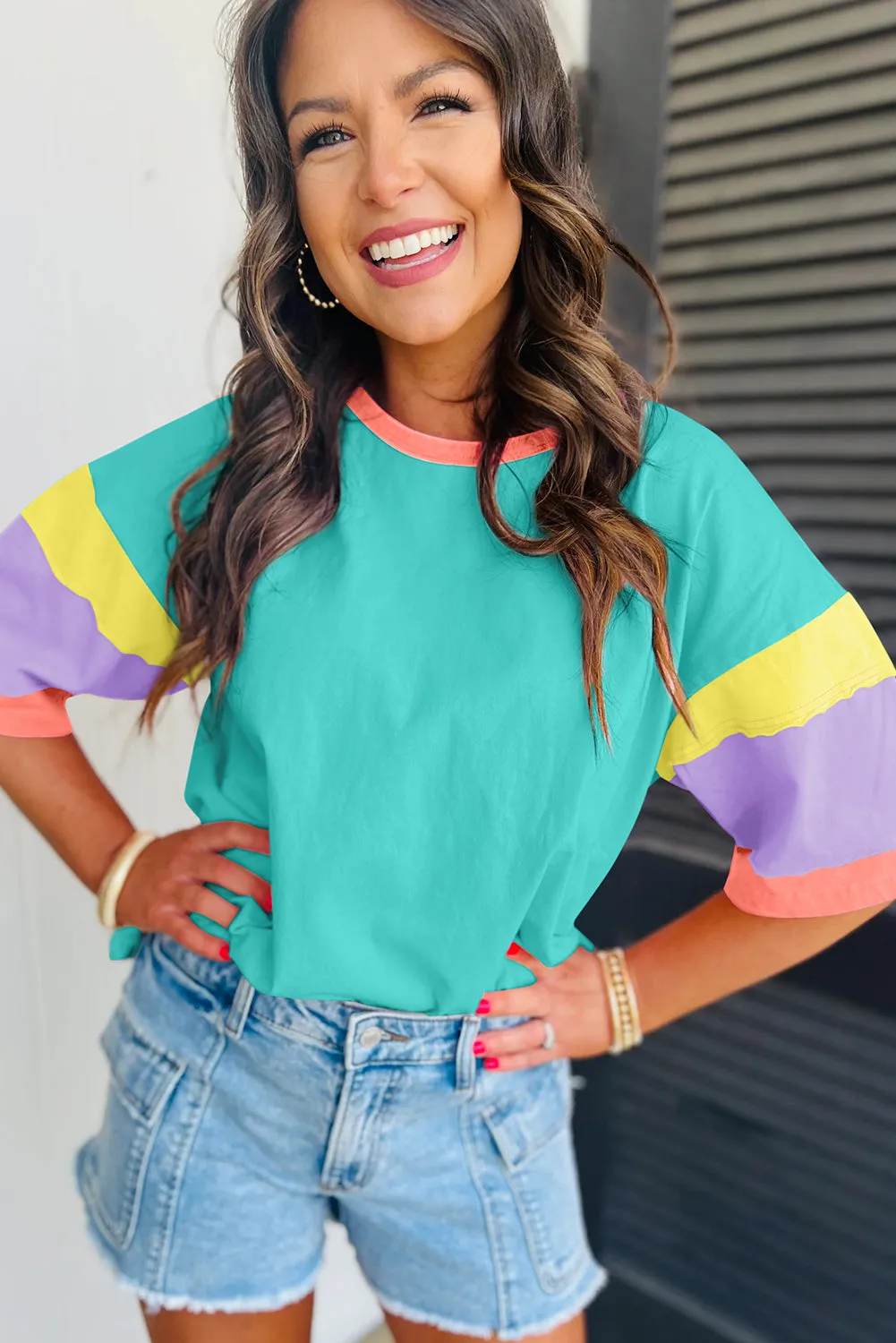 Light Blue Color Block Stitching Sleeve Round Neck Oversize Top