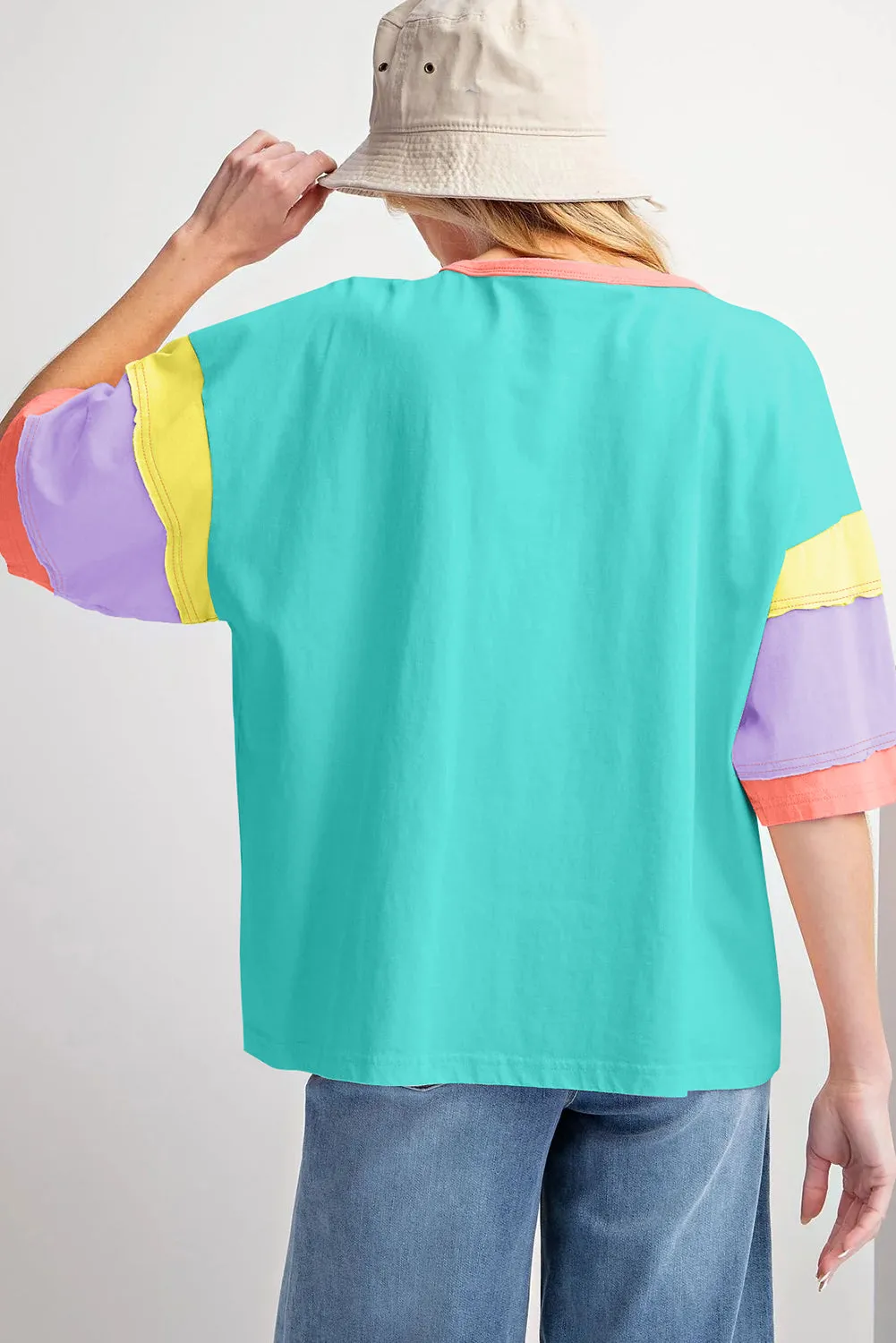 Light Blue Color Block Stitching Sleeve Round Neck Oversize Top