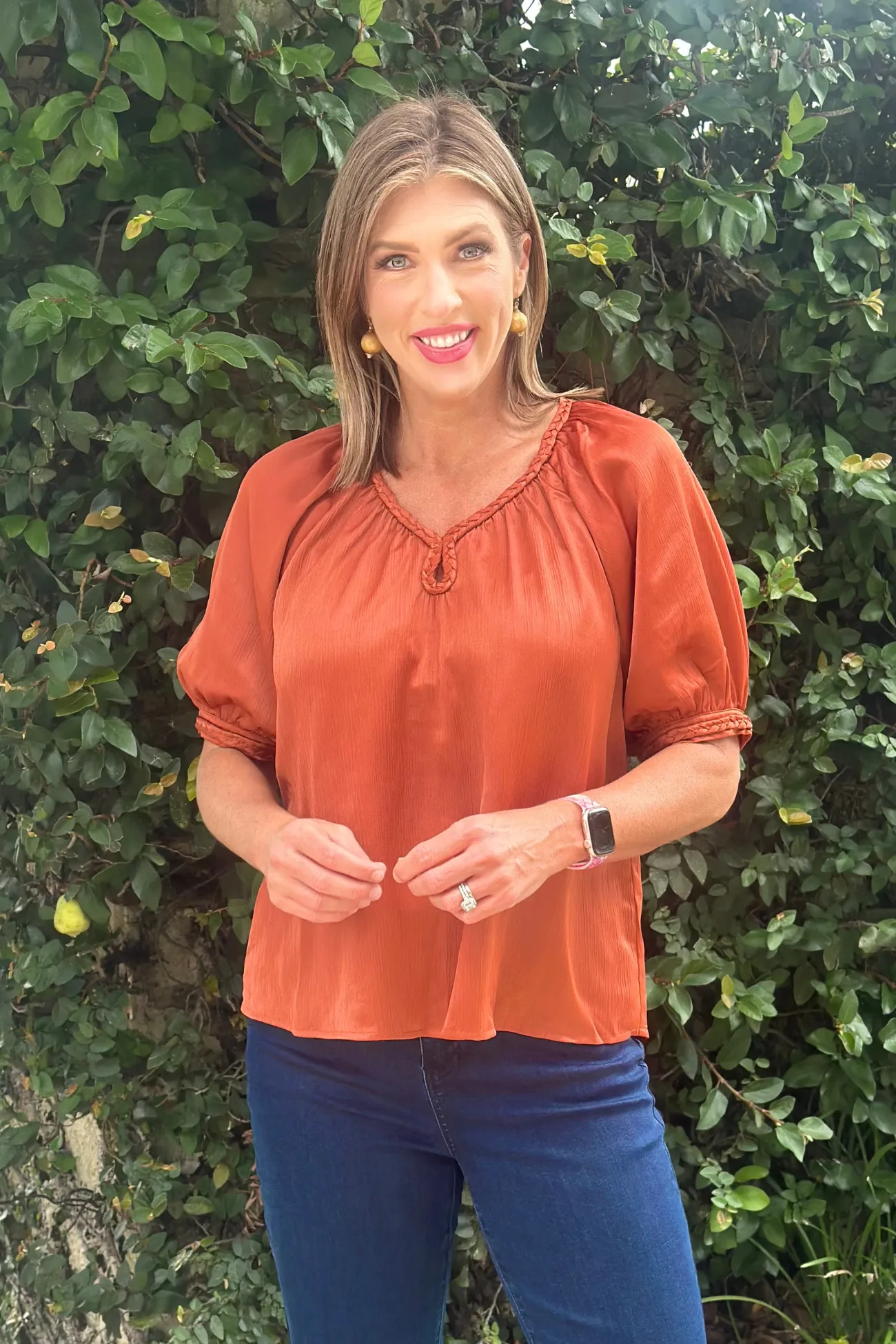 Longhorns Bronze Satin Braided Trim Top