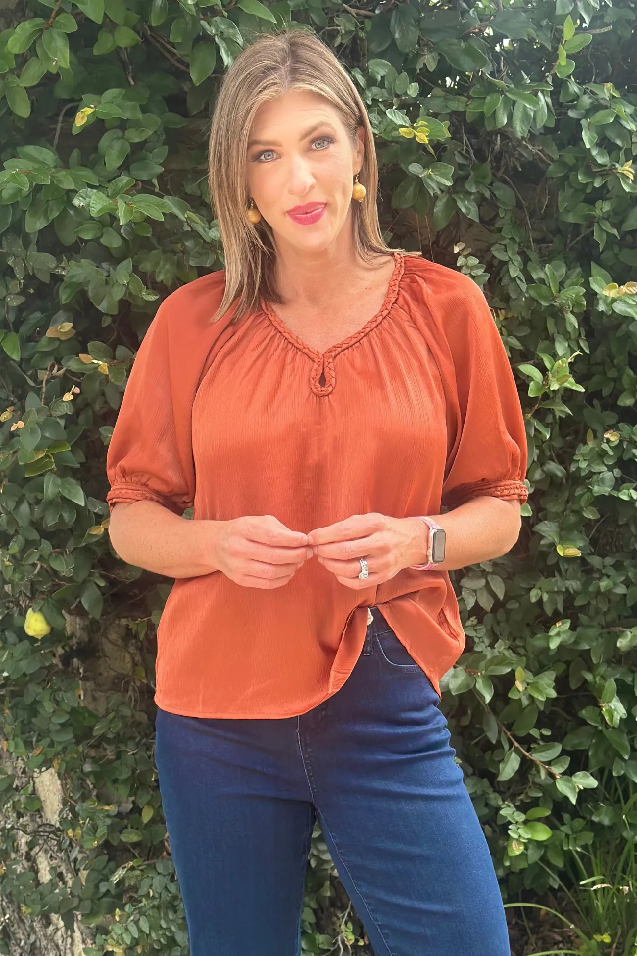 Longhorns Bronze Satin Braided Trim Top
