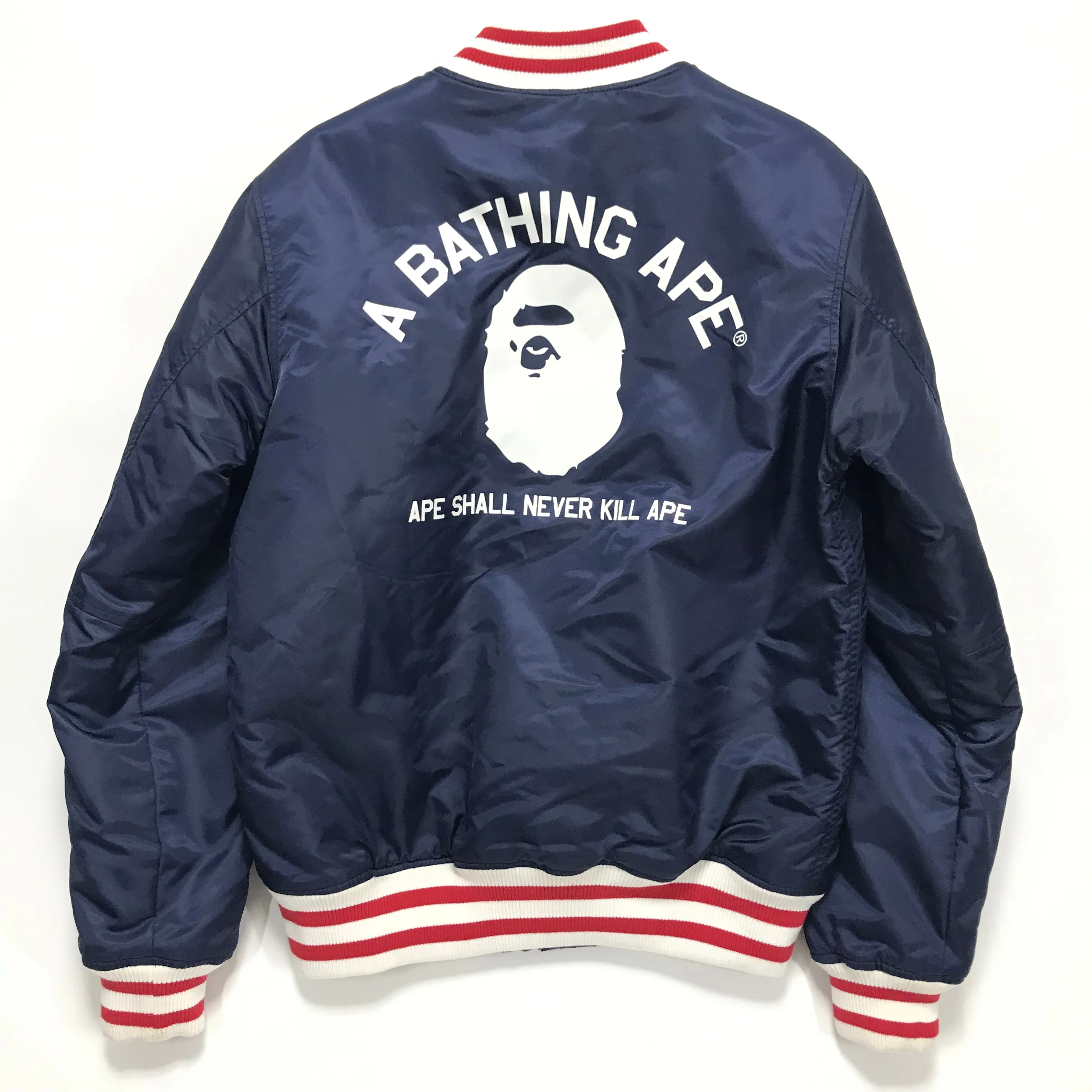 [M] A Bathing Ape Bape Satin Baseball Jacket Navy