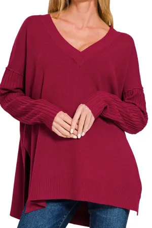 Maine Moment Cabernet Ribbed Hem & Sleeve V-Neck Sweater