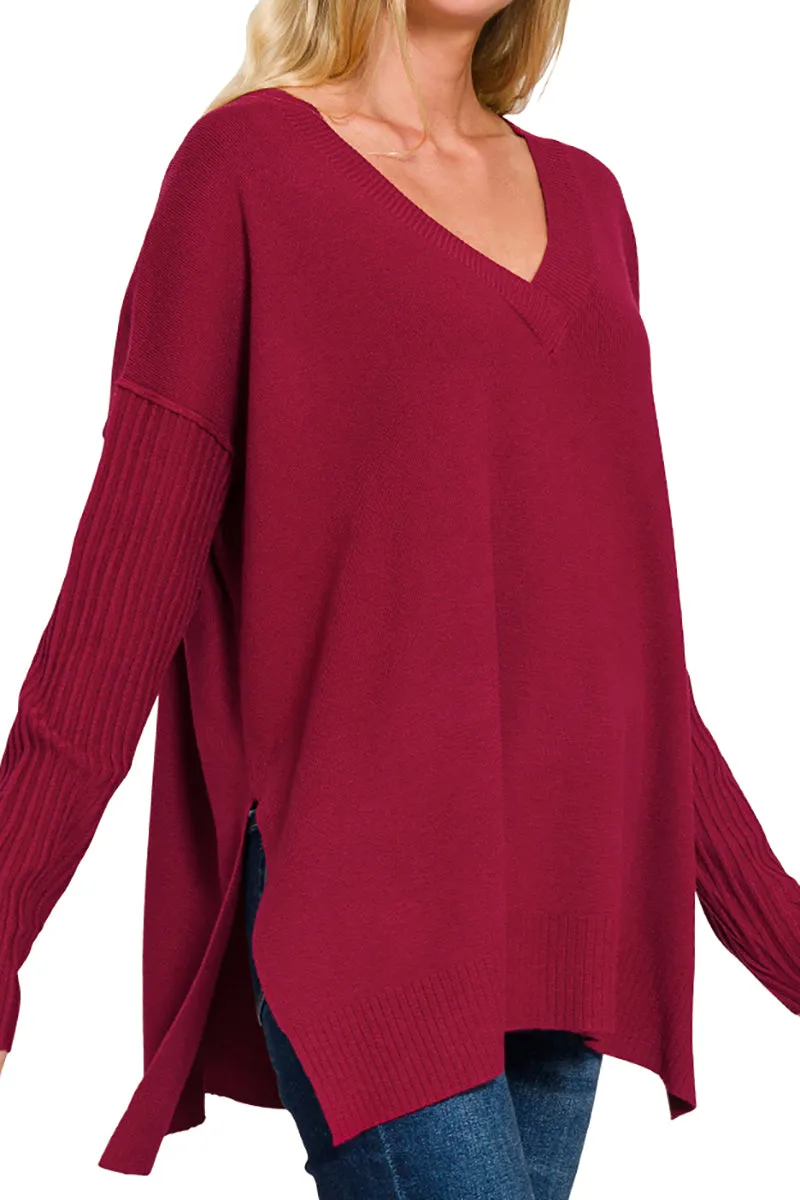 Maine Moment Cabernet Ribbed Hem & Sleeve V-Neck Sweater