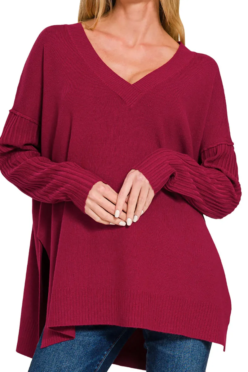 Maine Moment Cabernet Ribbed Hem & Sleeve V-Neck Sweater