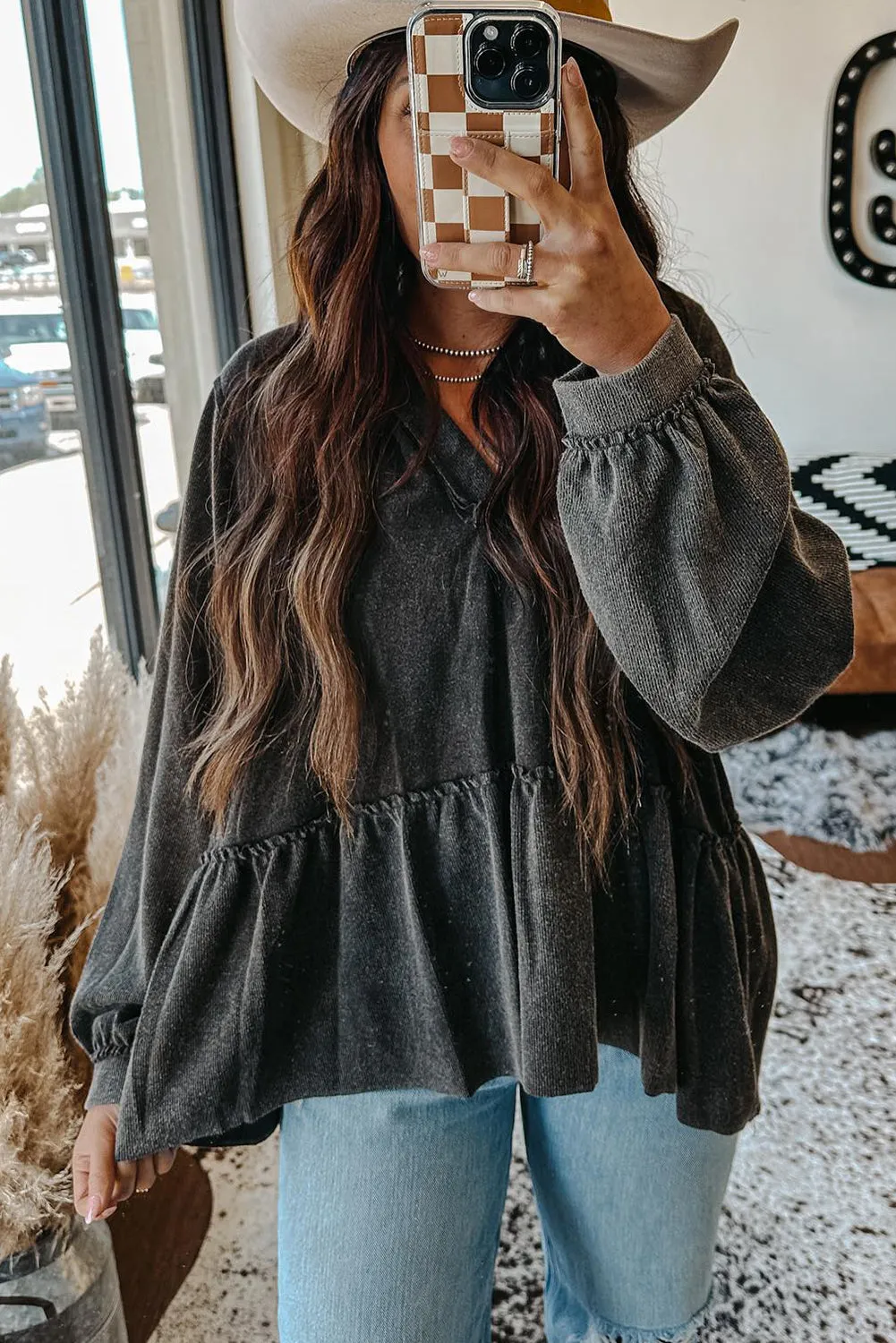 Medium Grey Vintage Frilled Detail V Neck Peplum Sweatshirt