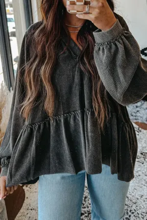 Medium Grey Vintage Frilled Detail V Neck Peplum Sweatshirt